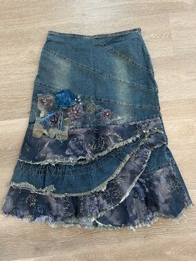 Denim fairy skirt patchwork flowers rose  y2k 90s vintage midi boho western
